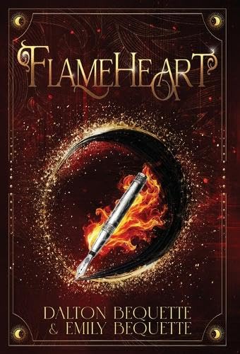 Cover of the book Flameheart. Dark brown and gold with a magical silver pen with a flame coming from it.